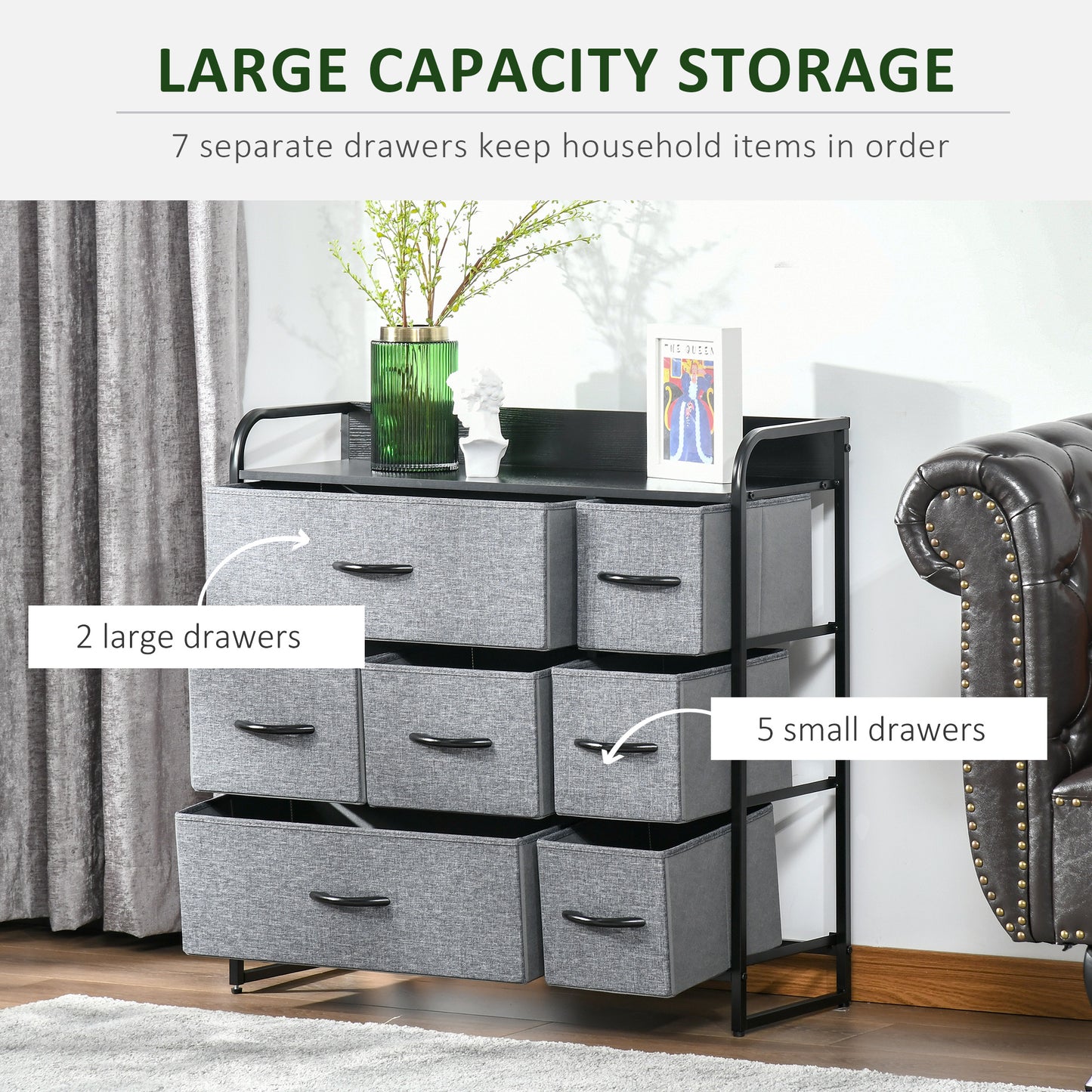 7-Bin Dresser Storage Tower Cabinet Organizer Unit, Easy Pull Fabric Bins with Metal Frame