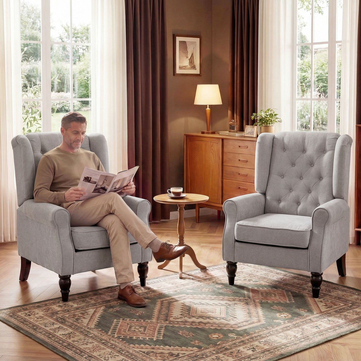 Fabric Accent Chair, Button Tufted Armchair, Upholstered Modern Living Room Chair, Wingback Chair with Wood Legs, Rolled Arms, Thick Padding for Bedroom, Grey