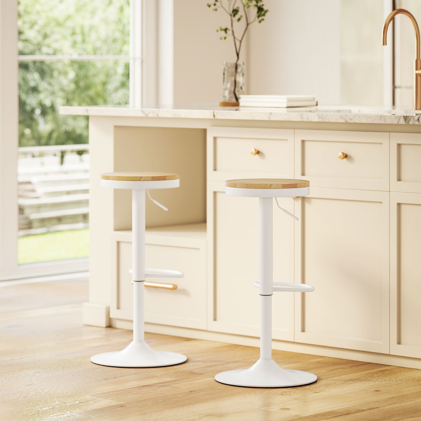 Wood Barstools Set of 2, Swivel Bar Stools with Adjustable Height for Kitchen Counter, Natural Wood and White
