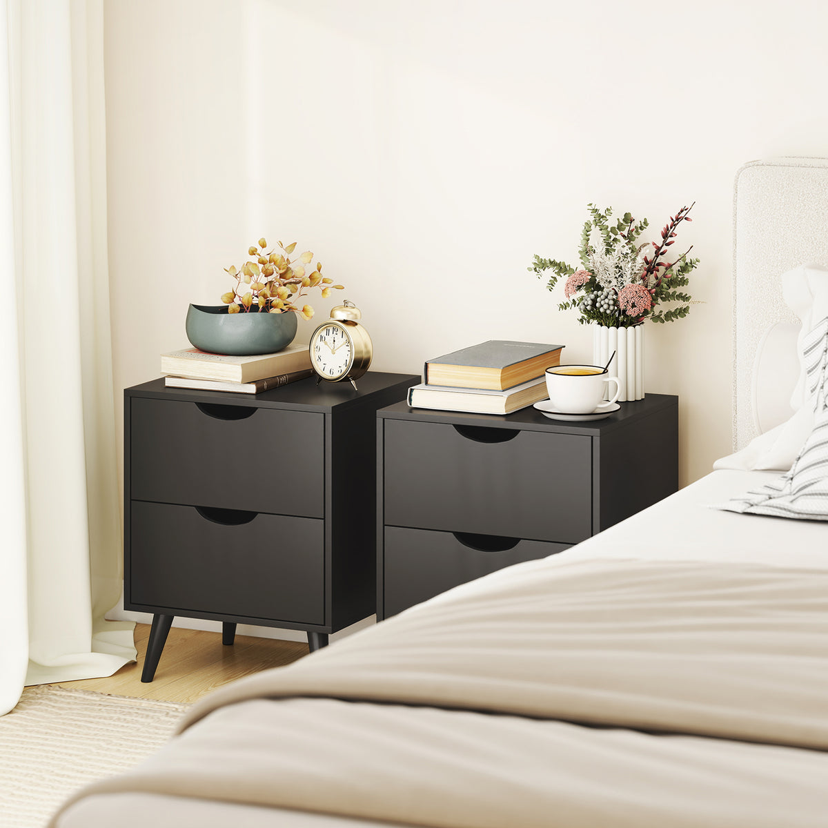 Modern Bedside Table Set of 2, Nightstand with 2 Drawers and Pine Wood Legs for Bedroom, Black