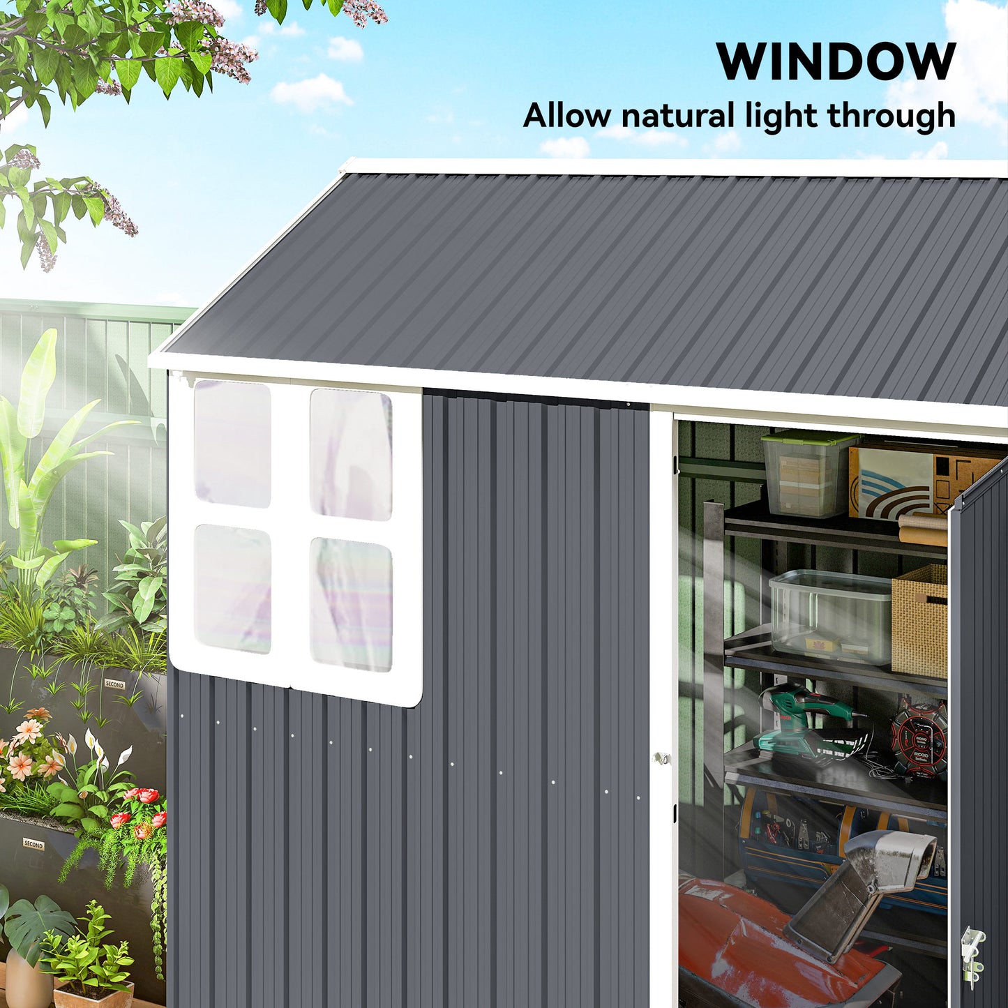 Metal Garden Storage Shed, Outdoor Tool Storage House with Lockable Door, Vents, Sloped Roof, Light Grey
