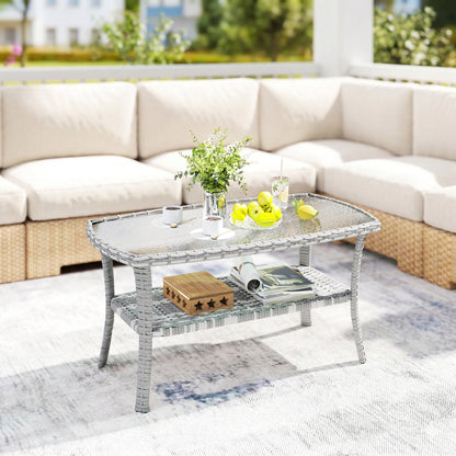 PE Wicker Coffee Table with Storage Shelf and Glass Top