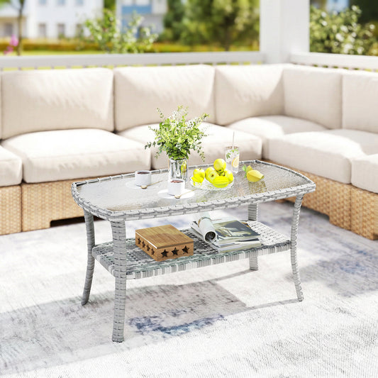Outdoor Coffee Table with Storage Shelf, PE Wicker Patio Table with Glass Top for Garden, Backyard, Dark Grey