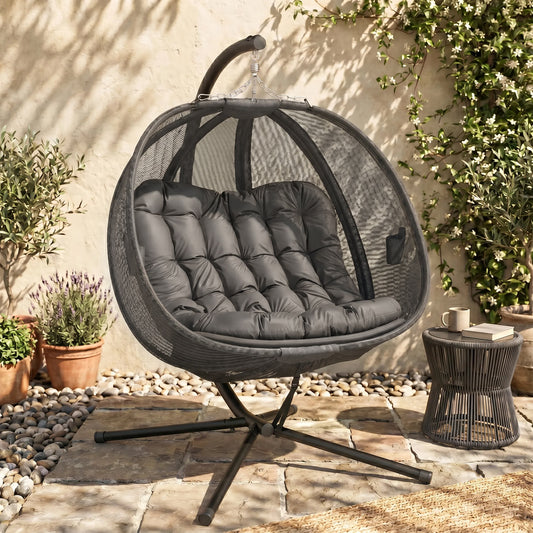 Double Egg Chair with Stand, 2 Person Hanging Swing Egg Chair with Cushion, Pockets, Grey
