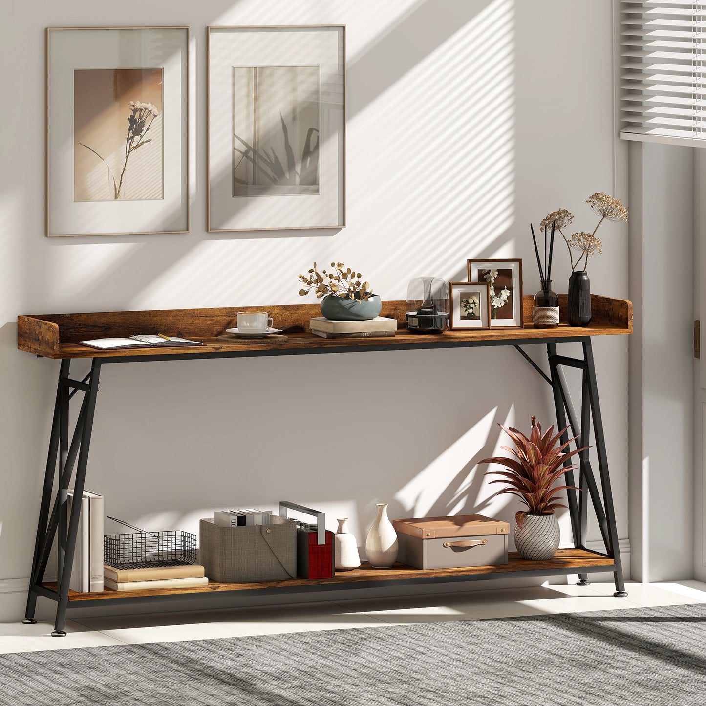 71" Extra Long Console Table with Storage Shelf and Guardrails, Industrial Entryway Table for Living Room, Rustic Brown