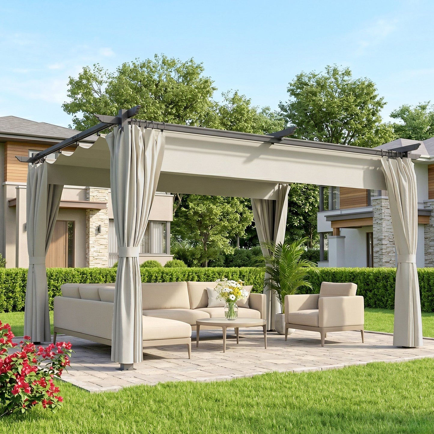 10' x 13' Pergola with Retractable Canopy and Curtains, UPF30+ Sun Shade Shelter for Grill, Garden, Backyard, Deck