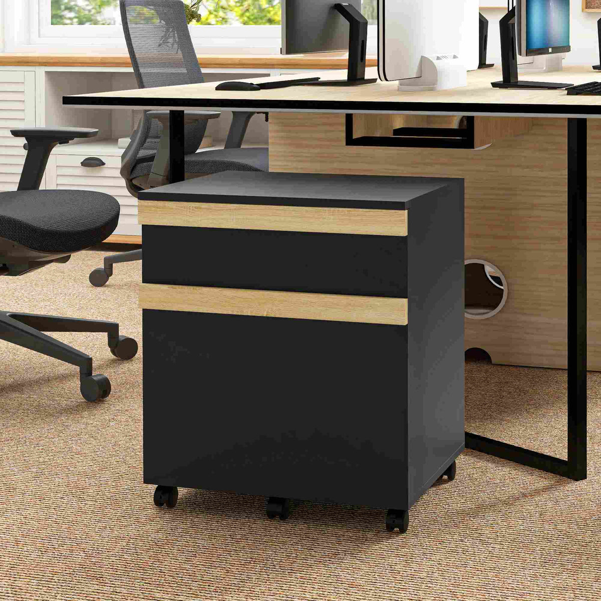Mobile Filing Cabinet with 2 Drawers, Office Storage Cabinet with 5 Wheels, Black Wood Grain
