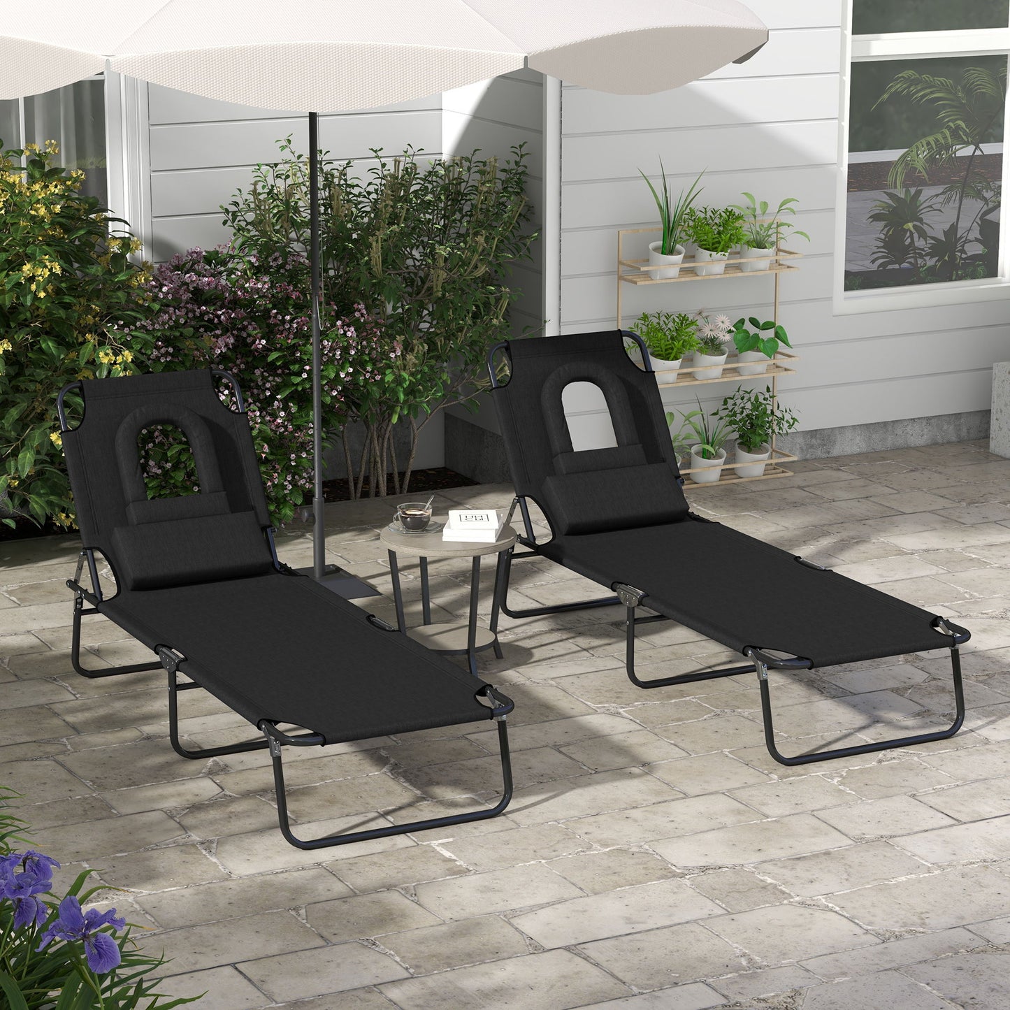 Folding Lounge Chair Set of 2, Reclining Beach Tanning Chair with Face Hole, Pillow, 4-Position Adjustable Flat Sun Lounger, Steel Frame for Outdoor Patio Pool, Black