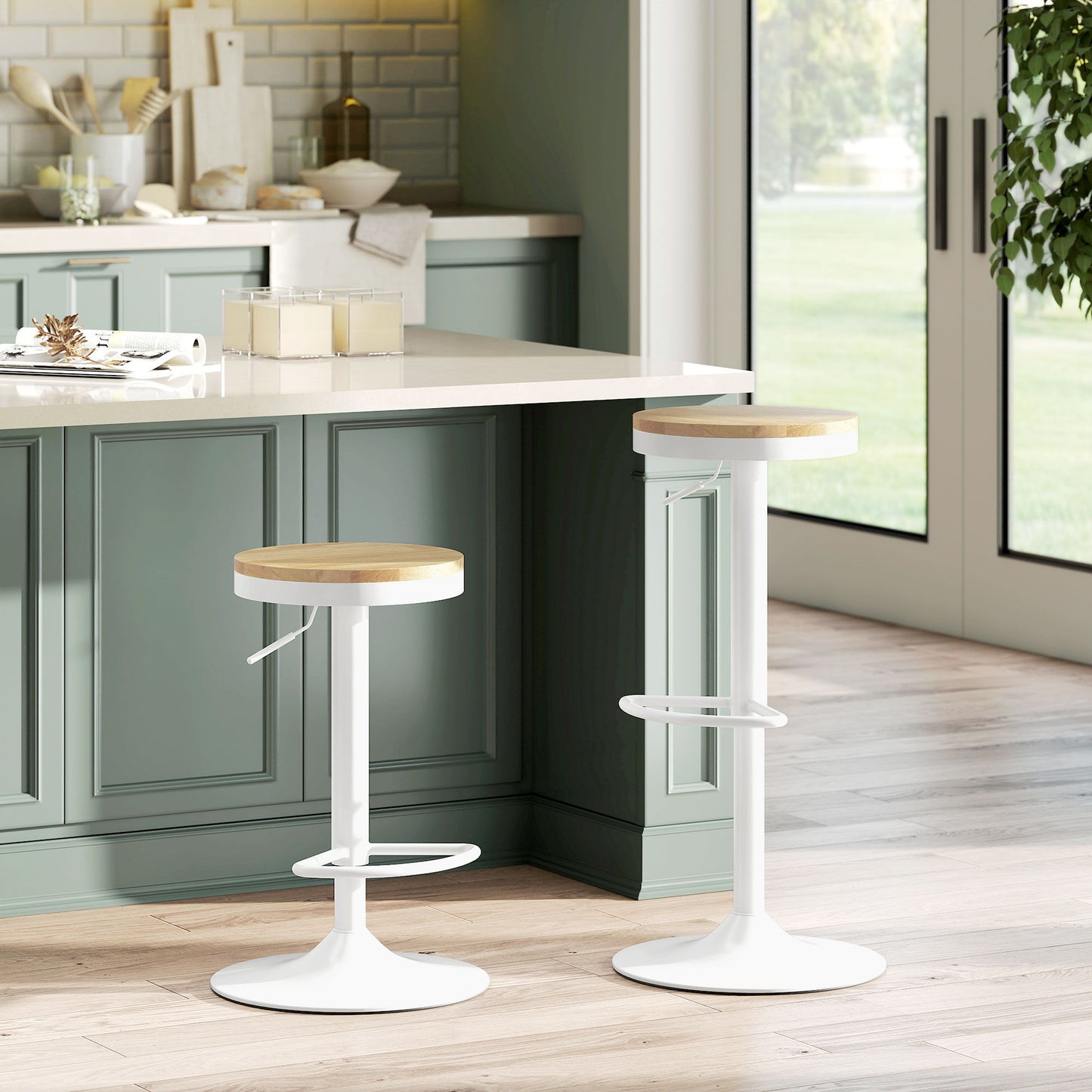 Wood Barstools Set of 2, Swivel Bar Stools with Adjustable Height for Kitchen Counter, Natural Wood and White