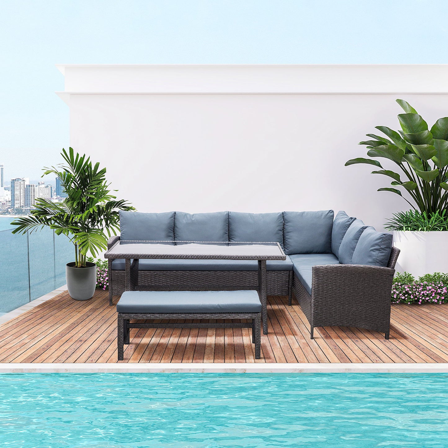 4-Piece Outdoor Patio Rattan Wicker Dining Furniture Set, Sofa Bench and Table Set for Garden, Patio, Porch and Backyard Outdoor Living, Brown