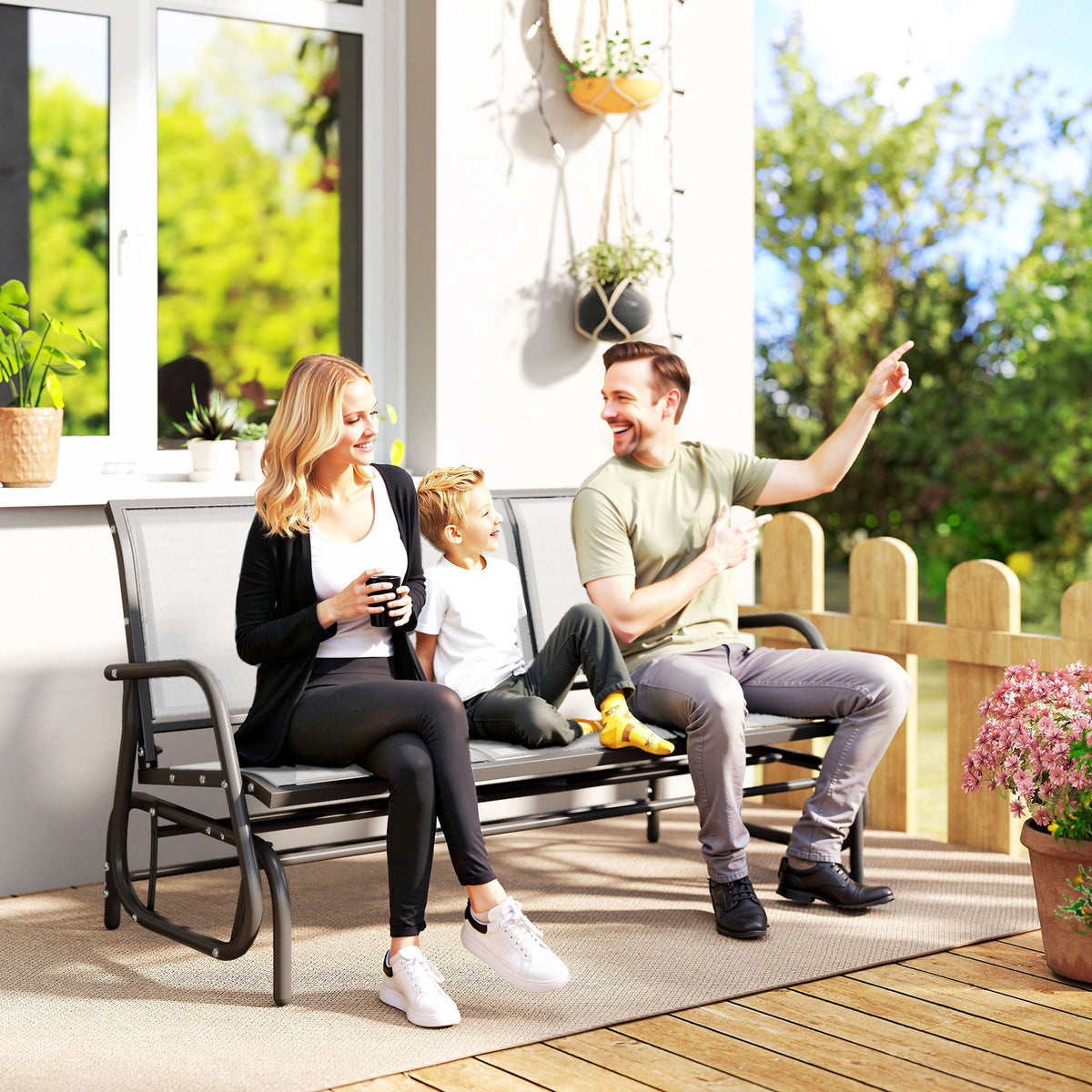 3-Seat Outdoor Glider Chair, Patio Rocking Chair, Steel Frame, Sling Fabric Seat for Garden, Backyard, Lawn, Cream