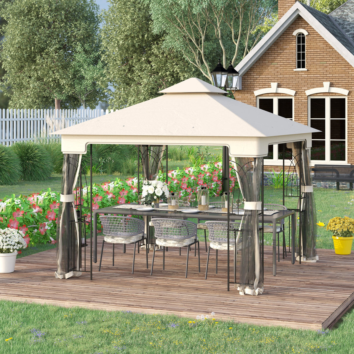 10'x10' Soft-top Patio Gazebo with Double Tier Roof, Mesh Curtains, Display Shelves, Top Hooks, Cream