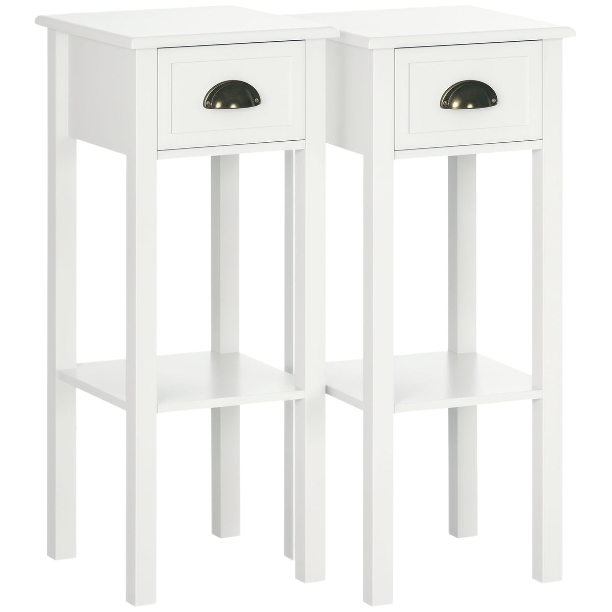 2 Tier Side Table, Set of 2, Narrow Tall End Table with Drawer and Shelf, Slim Wooden Nightstand for Living Room, Bedroom, Hallway, White