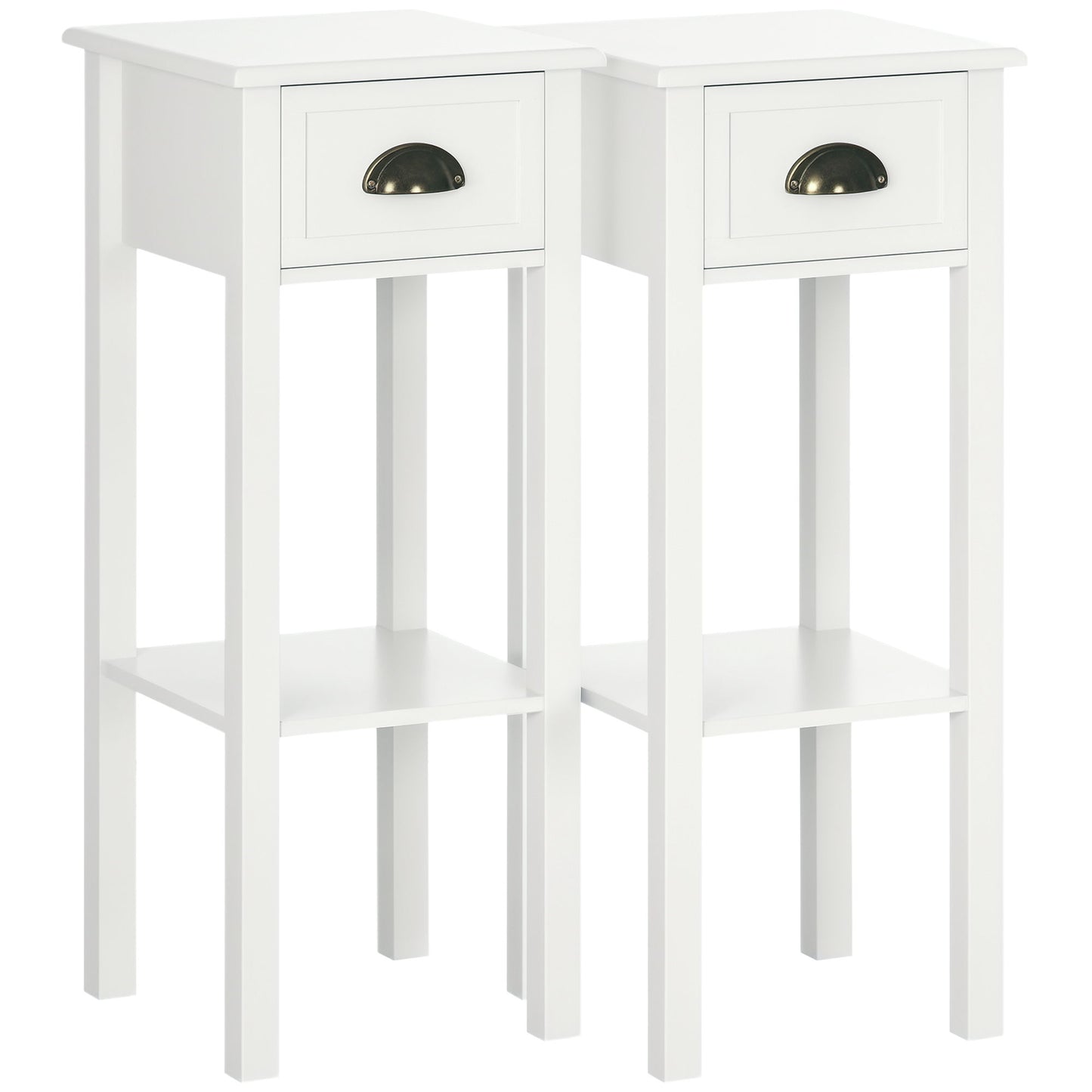 2 Tier Side Table, Set of 2, Narrow Tall End Table with Drawer and Shelf, Slim Wooden Nightstand for Living Room, Bedroom, Hallway, White