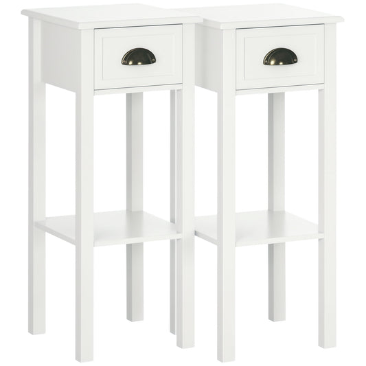 2 Tier Side Table, Set of 2, Narrow Tall End Table with Drawer and Shelf, Slim Wooden Nightstand for Living Room, Bedroom, Hallway, White