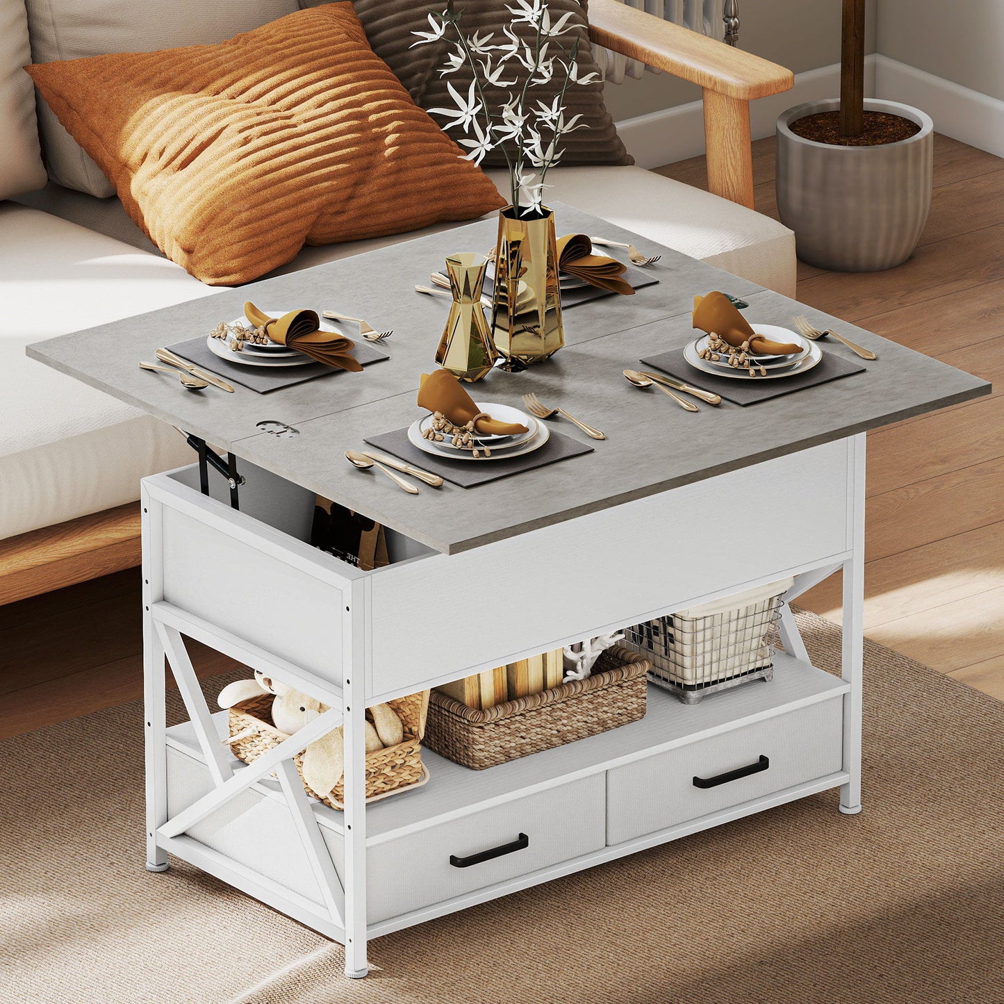 Modern Coffee Table, Lift Top Center Table with Fabric Drawers and Hidden Storage for Living Room, Cement Grey