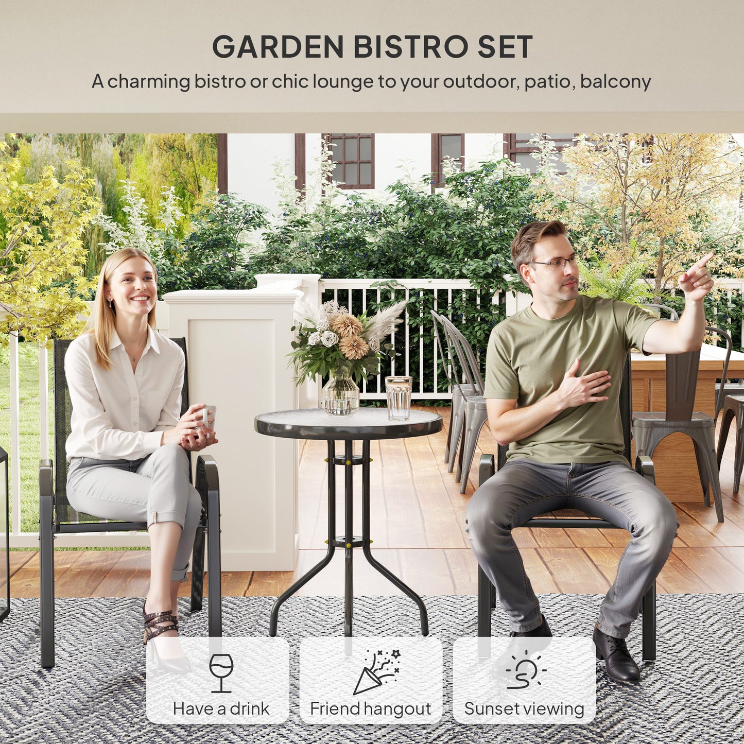 3 Pieces Bistro Set, Small Patio Furniture Set with Stackable Mesh Chairs, Glass Table for Garden, Light Mixed Brown