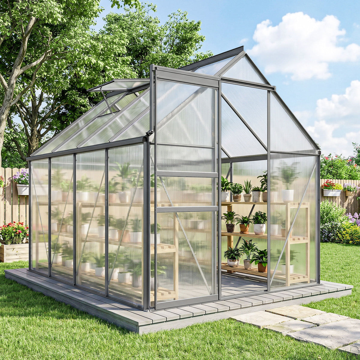 6' x 8' x 6.5' Polycarbonate Greenhouse, Walk-in Green House with Adjustable Roof Vent Galvanized Base Sliding Door Rain Gutter for Outdoor Garden Backyard, Charcoal Grey