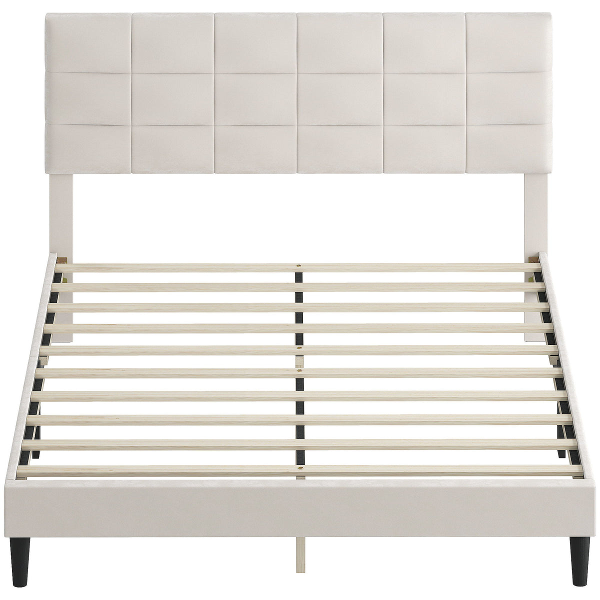 Queen Size Bed Frame with Upholstered Headboard, Modern Platform Bed Frame with Wood Slats, 1100 lbs Capacity, Cream
