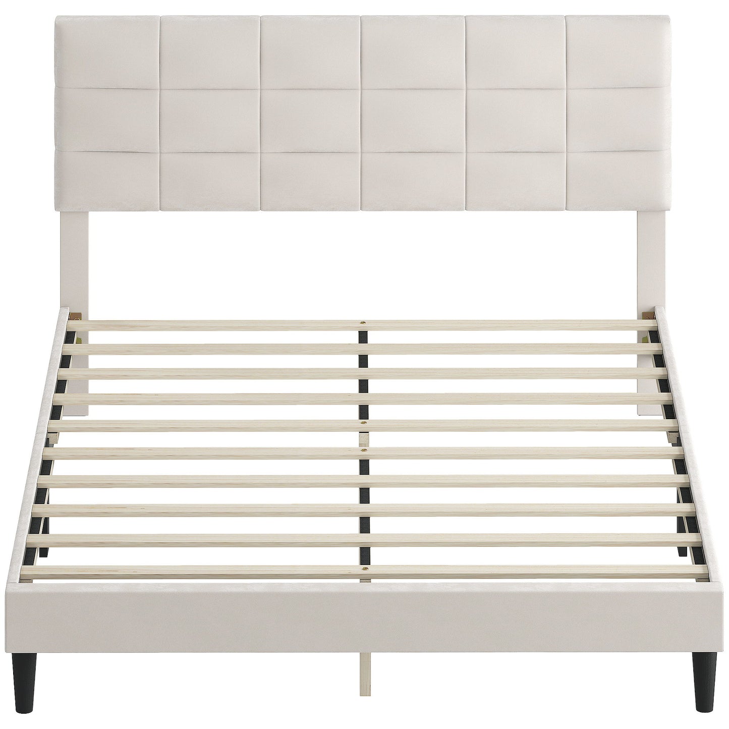 Queen Size Bed Frame with Upholstered Headboard, Modern Platform Bed Frame with Wood Slats, 1100 lbs Capacity, Cream