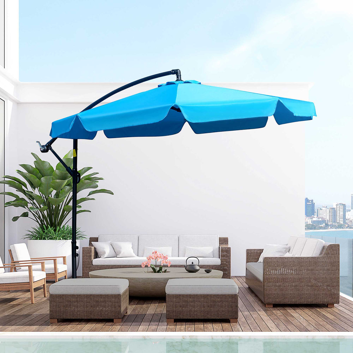 9FT Offset Hanging Patio Umbrella Cantilever Umbrella with Easy Tilt Adjustment, Cross Base and 8 Ribs for Backyard, Poolside, Lawn and Garden, Blue