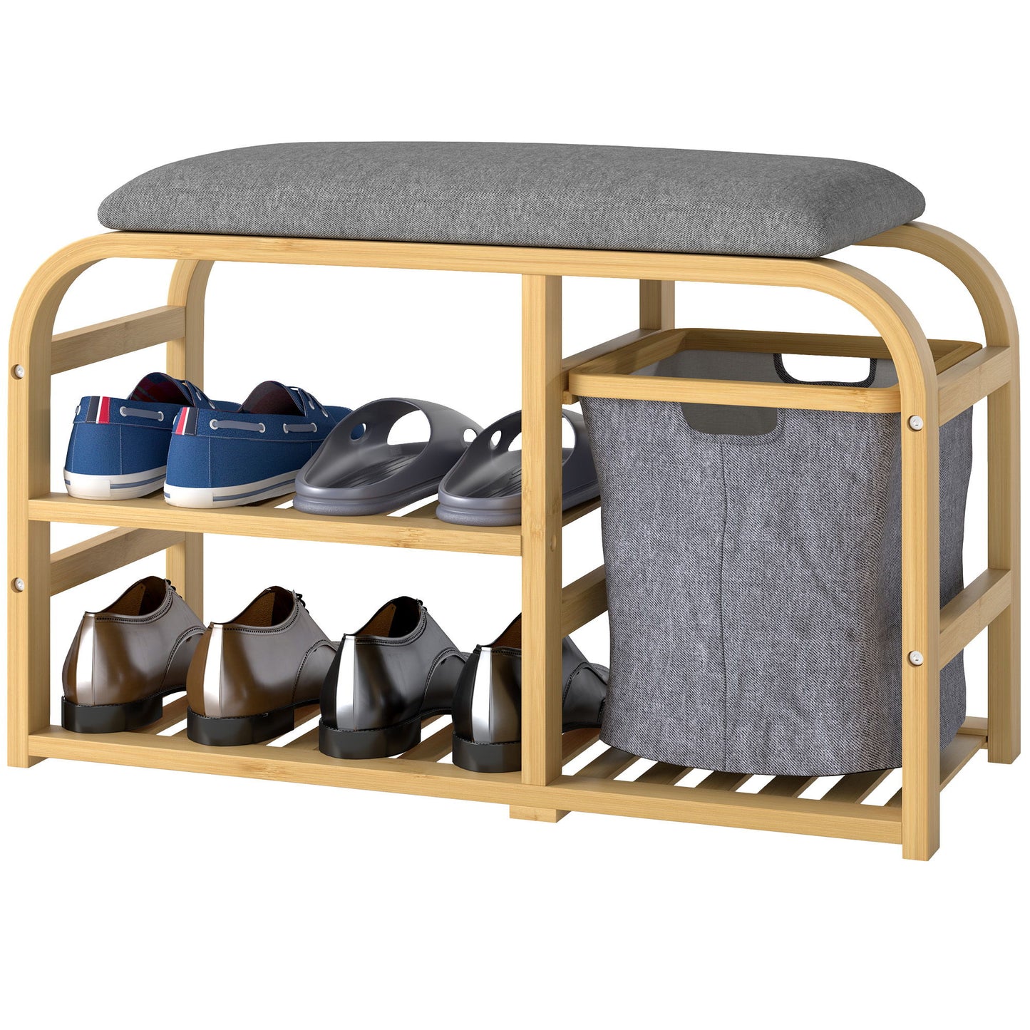 Bamboo Entryway Bench, Shoe Storage Bench with Cushion, Slat Shelves, Pull-Out Basket for Hallway, Entryway, Nature Wood