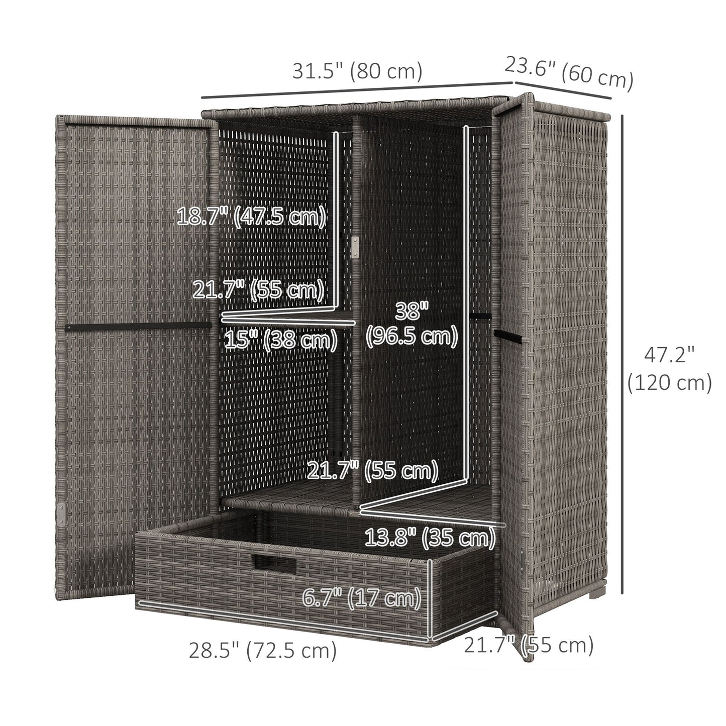 Wicker Outdoor Storage Cabinet, 2-Door Rattan Pool Towel Storage Cabinet with Drawer & Removable Shelf, Dark Grey