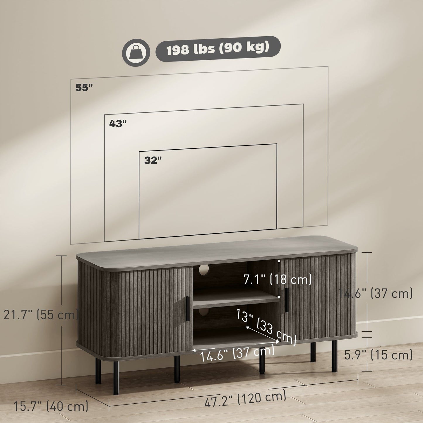 TV Stand for 55" TVs with Storage Shelves - Grey