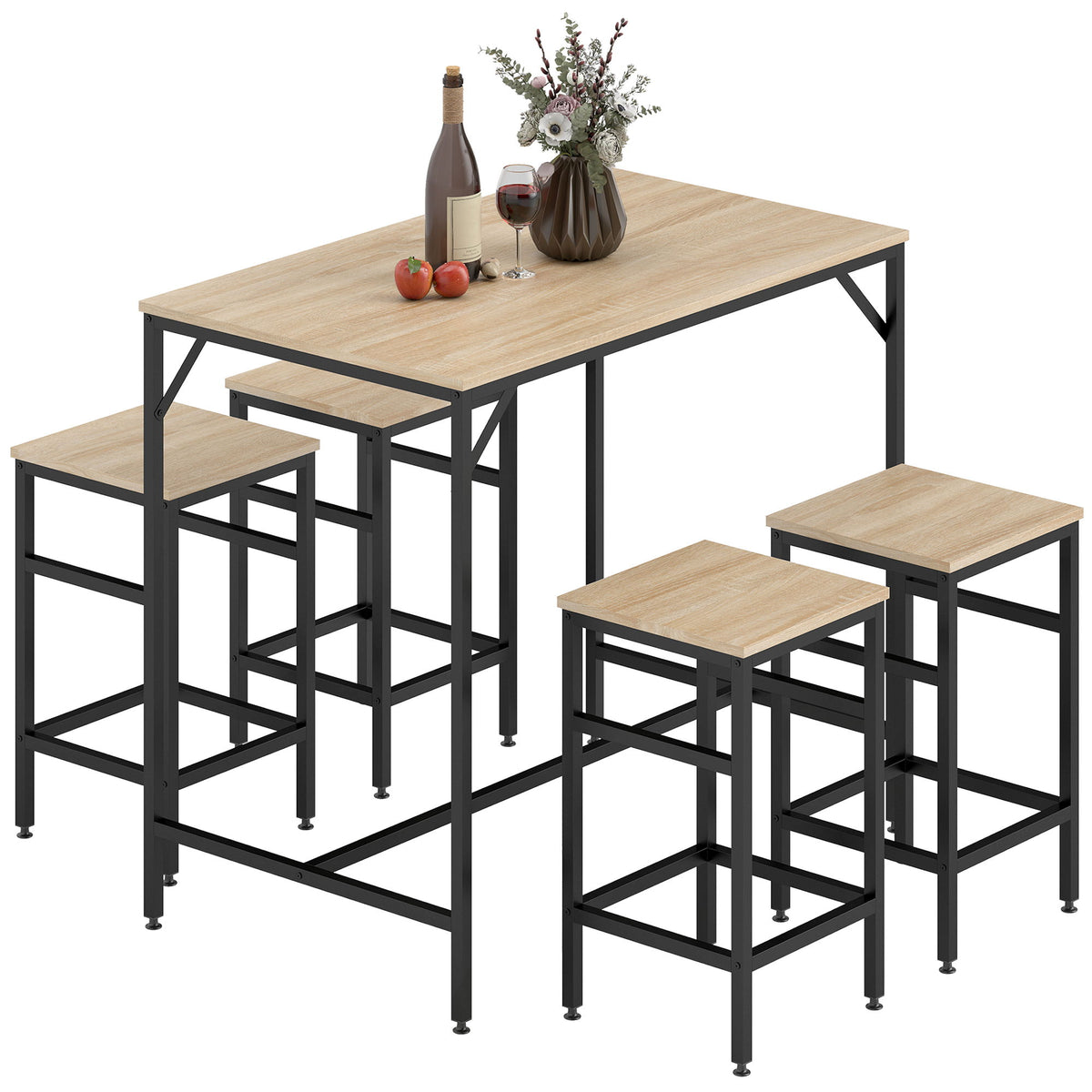 5 Pieces Industrial Rectangular Bar Table Set, Dining Table Set Breakfast Table with 4 Stools for Dining Room, Kitchen, Dinette, Oak
