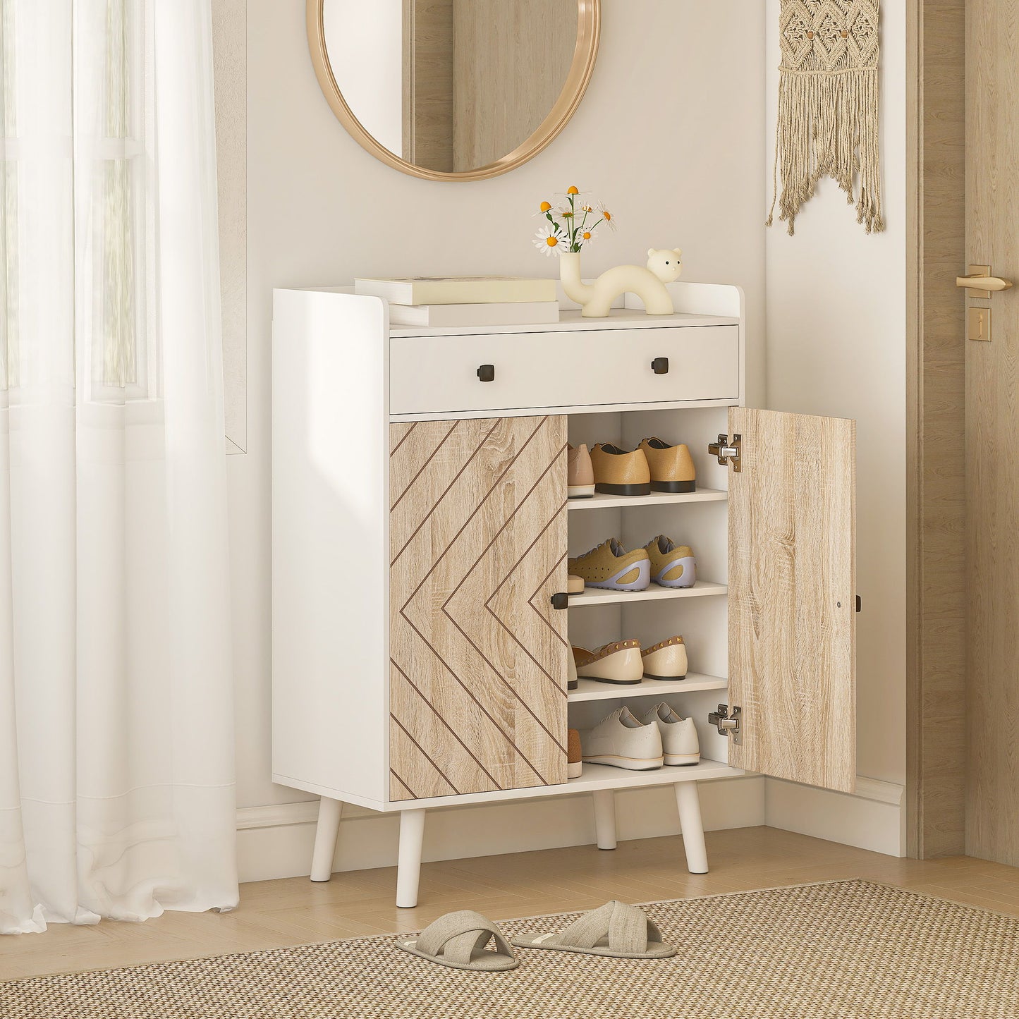 Shoe Cabinet for Entryway, Modern Shoe Storage Cabinet with Adjustable Shelves and Drawer for 12 Pairs, White