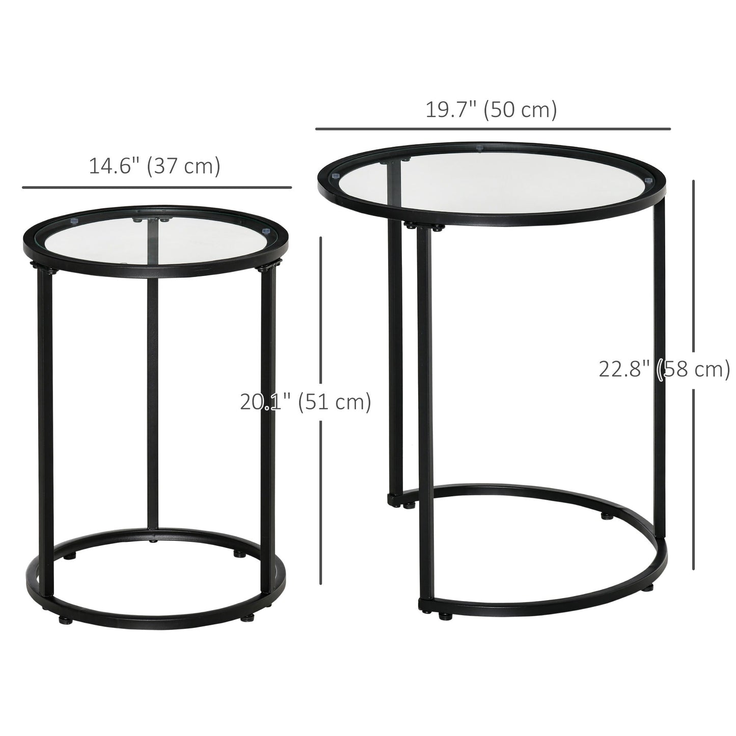 Set of 2 Nesting Coffee Tables with Metal Base, Round Side Table with Tempered Glass Tabletop for Living Room, Bedroom, Black