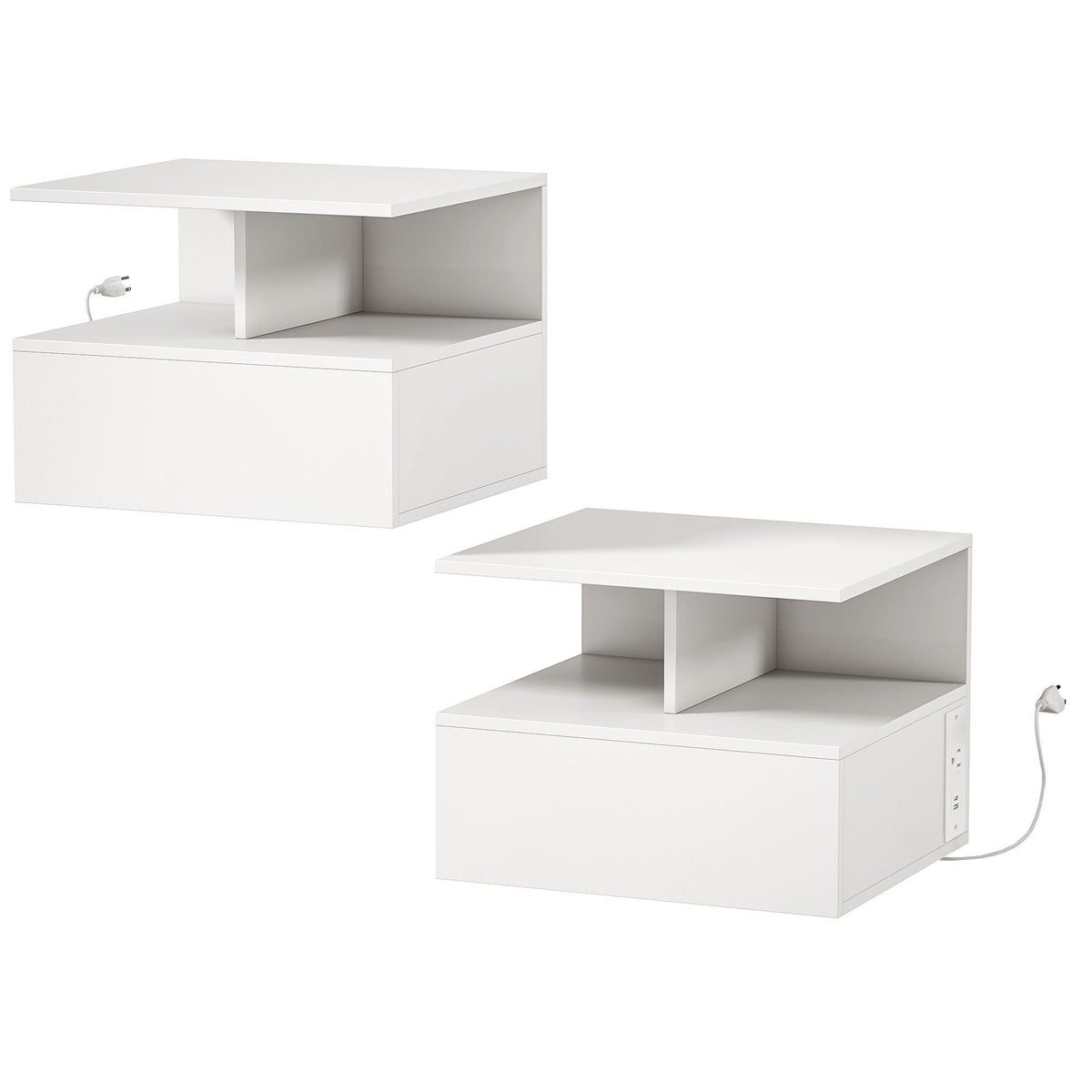 Floating Nightstand Set of 2 with Power Outlets - White