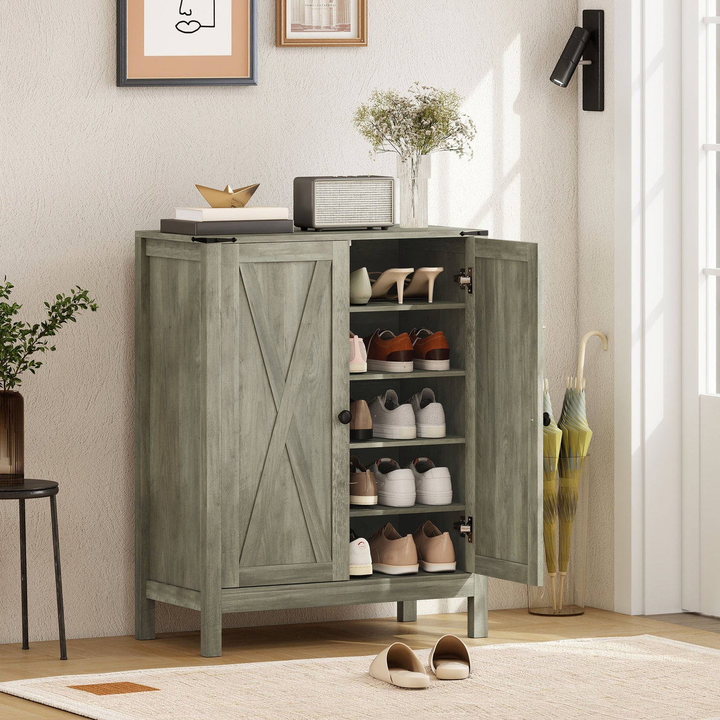 Shoe Cabinet with Barn Doors, Farmhouse Shoe Storage Cabinet with Adjustable Shelves, Holds up to 15 Pairs, Grey