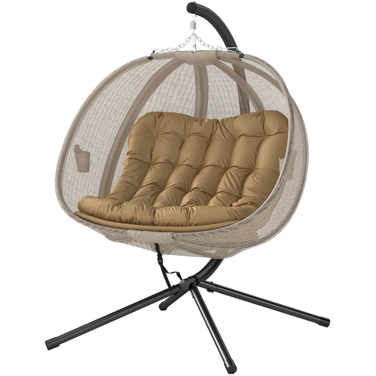 Double Egg Chair with Stand, Cushion and Pockets - Khaki