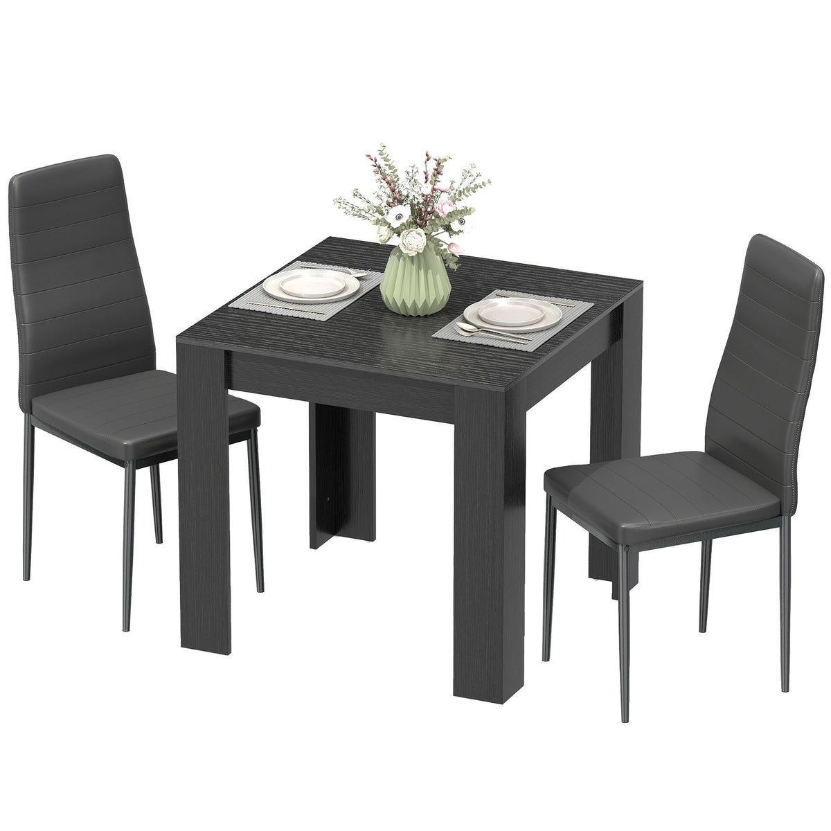 Dining Table Set for 2, Square Kitchen Table and Chairs, Dining Room Table and PU Leather Upholstered Chairs, Black