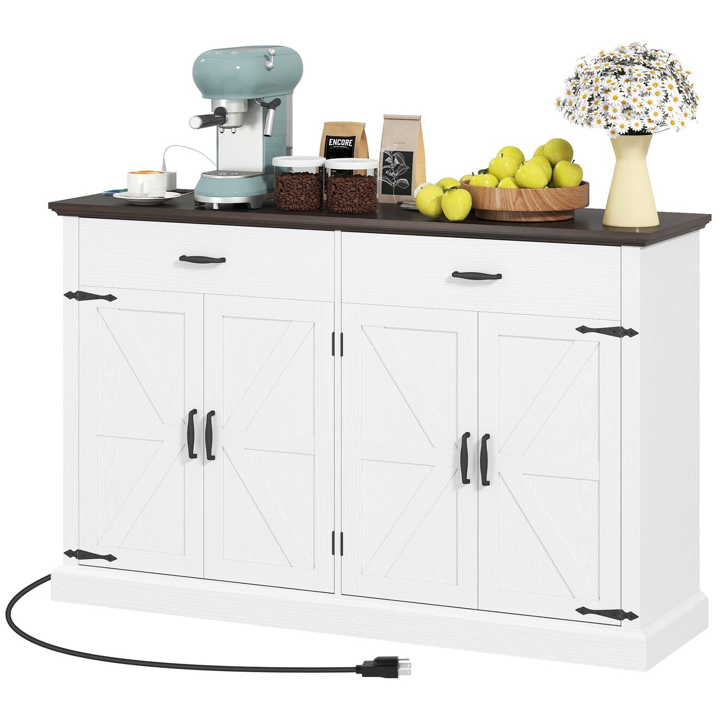 55" Farmhouse Buffet Cabinet with 4 Barn Doors - White