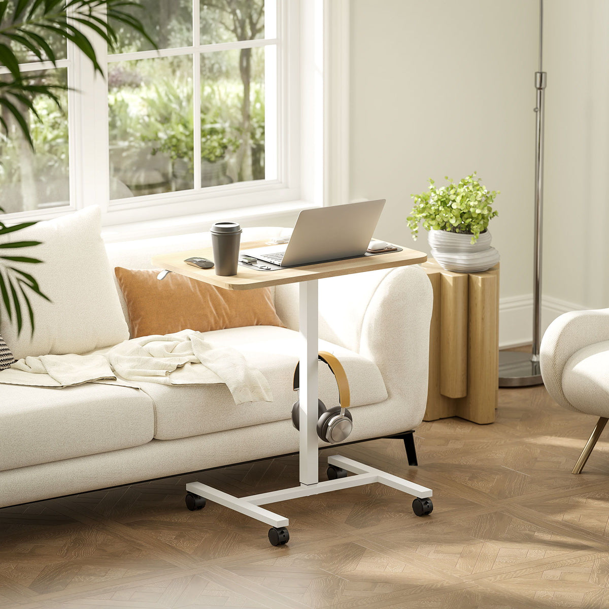 Height Adjustable Standing Desk, Pneumatic Sit Stand Desk with Wheels and Headphone Hook, Natural Wood Grain