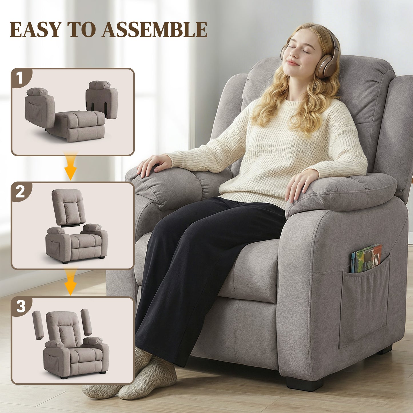 Massage Recliner Chair with Quiet Brushless Motor Pet-Friendly Fabric Power Recliner with 2 Memory Positions Brown