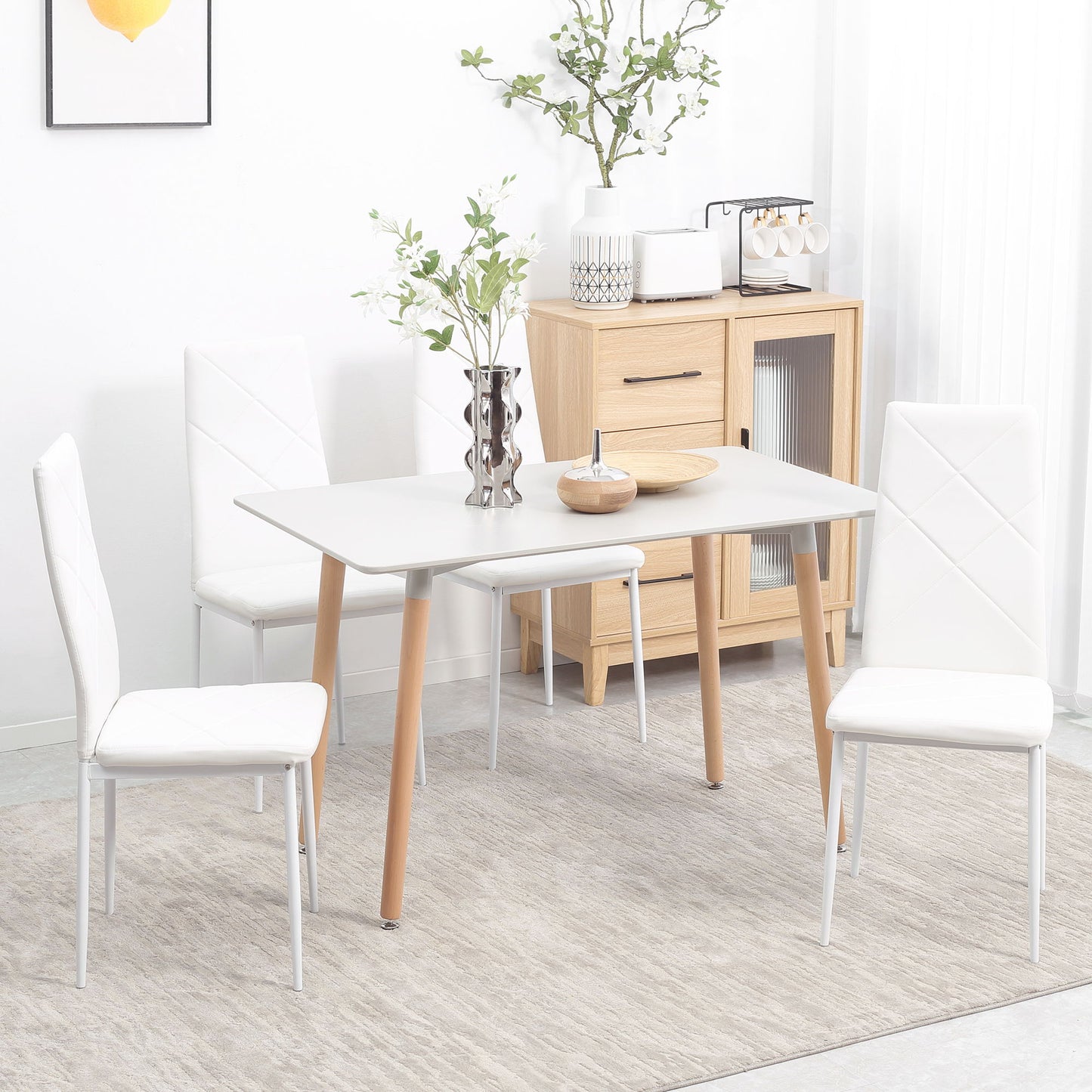 4 Set Dining Chairs High Back Faux Leather Kitchen Chairs for Living Room Kitchen White