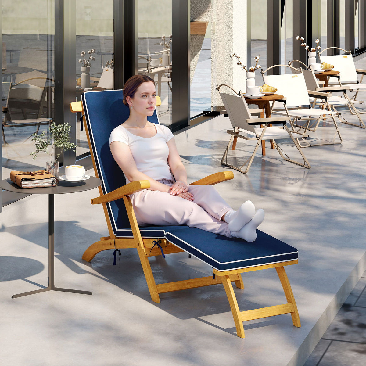 Folding Patio Lounge Chair with Padded Cushion, Acacia Wood Patio Lounger Recliner with Footrest for Garden, Navy Blue