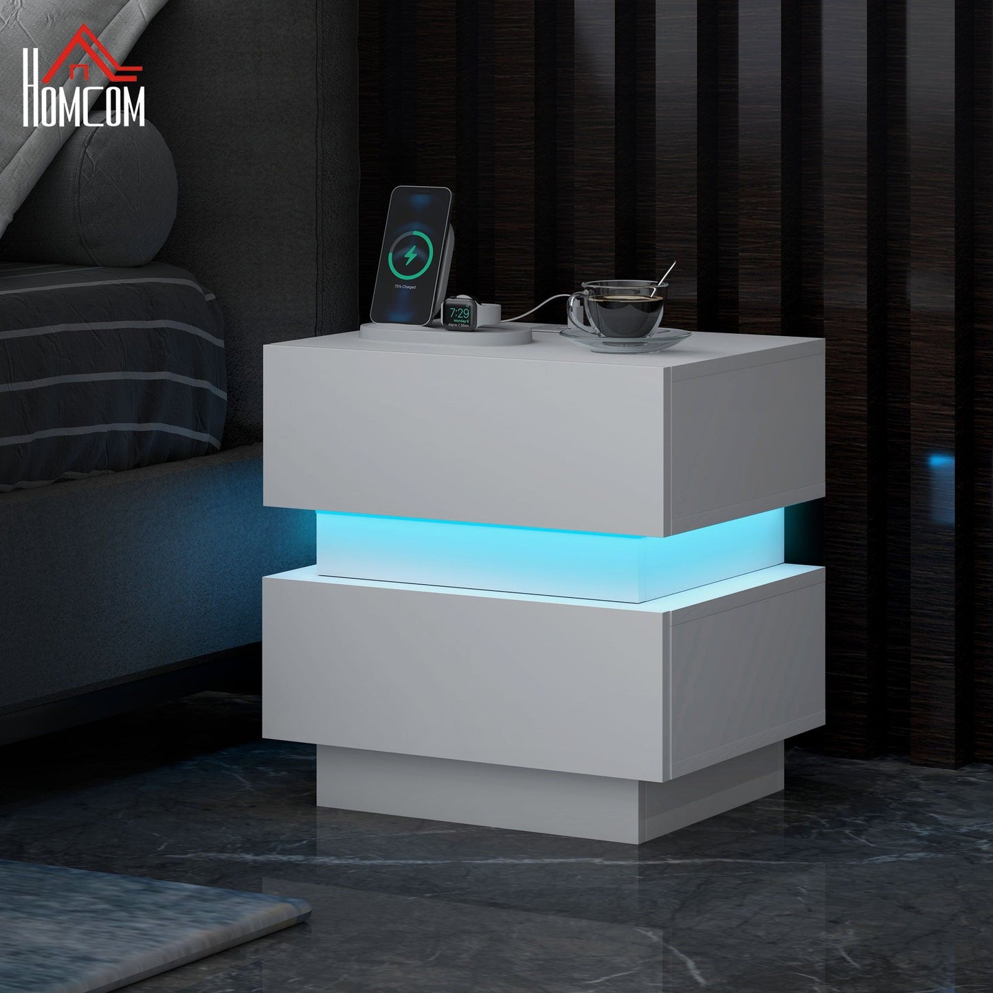 Nightstand with Charging Station and LED Light - White