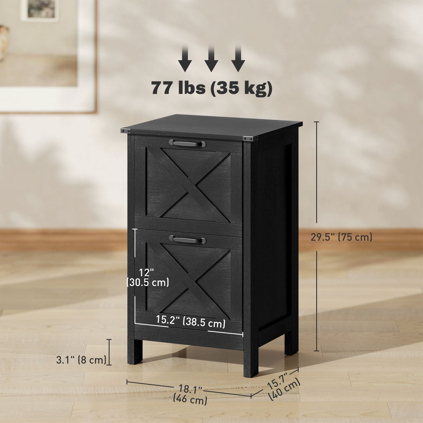 Vertical Filing Cabinet with 2 Drawers, Rustic Farmhouse Office Storage Cabinet for A4, Letter Size, Distressed Black