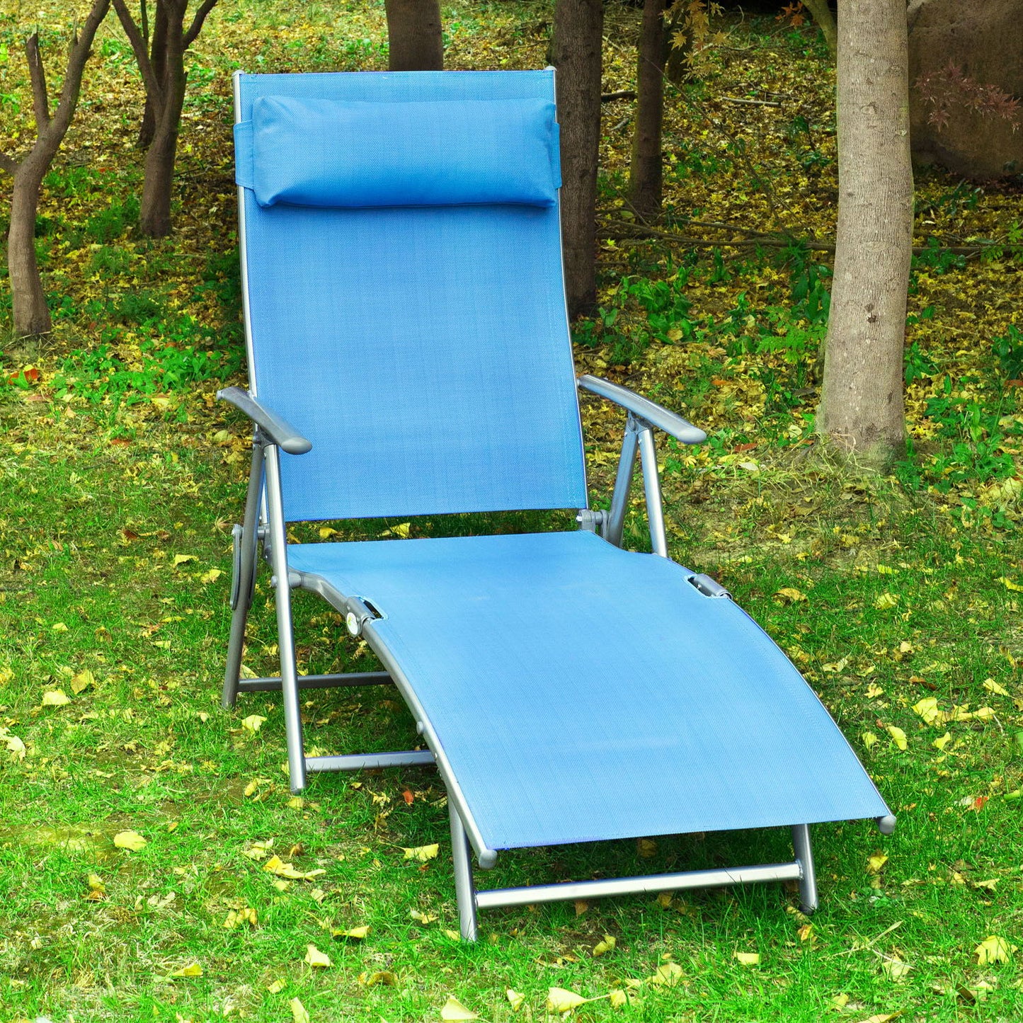 Heavy-duty Adjustable Folding Reclining Chair Outdoor Sun Lounger Patio Chaise Lounge Garden Beach Gravity Lounge with Pillow, 7 Adjustable Backrest Positions, Blue