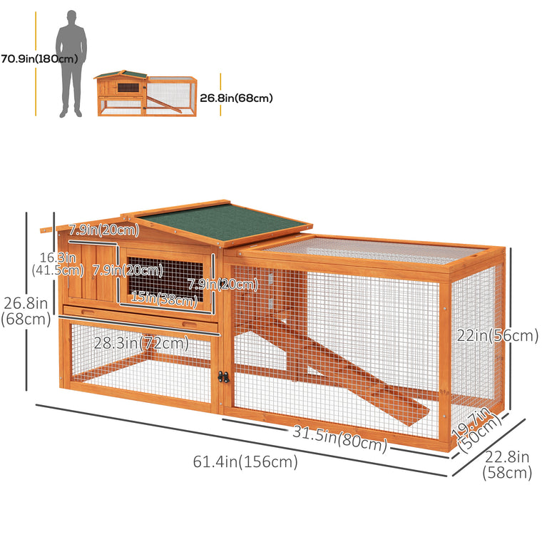 Orange Wooden Rabbit Hutch with Removable Tray & Openable Roof