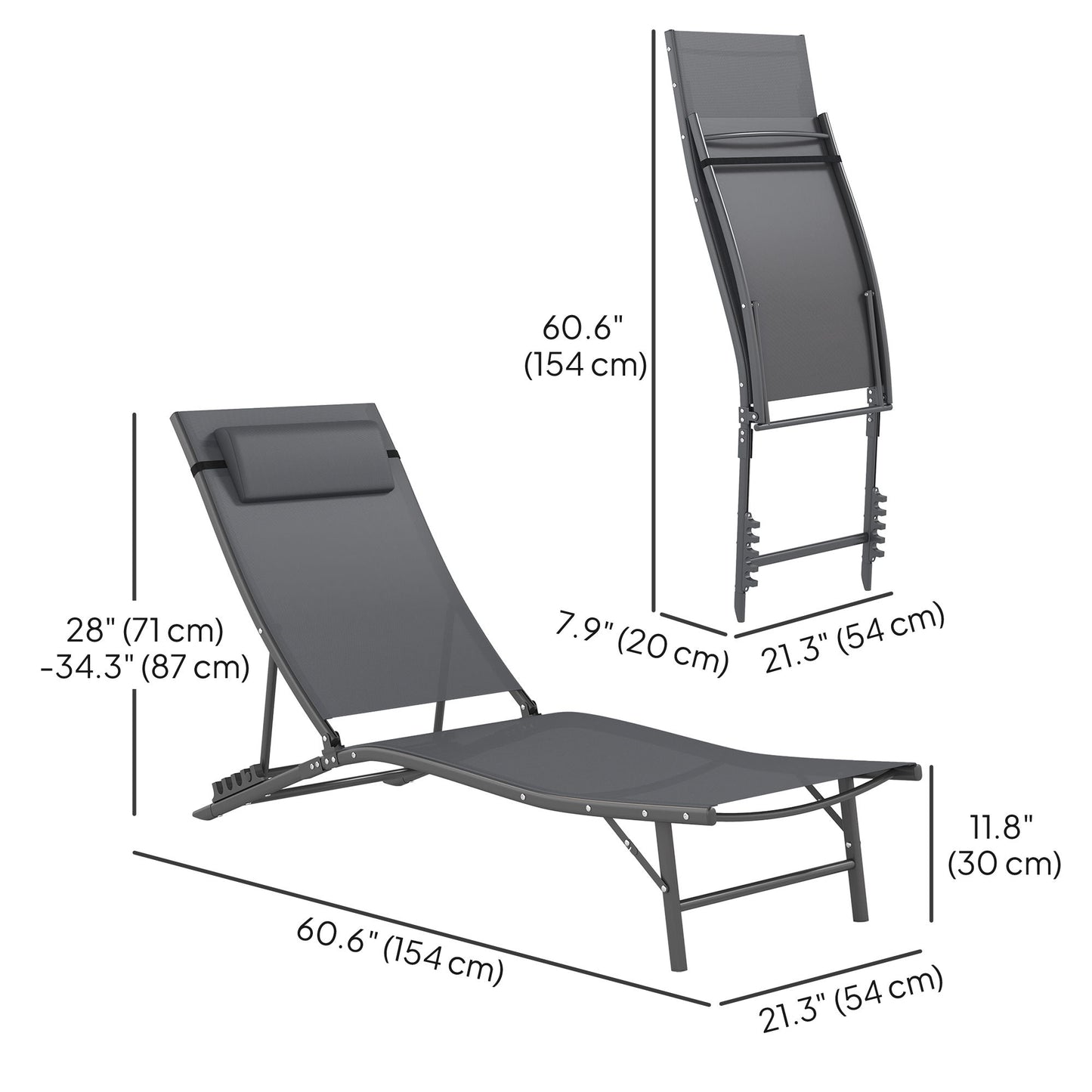 Folding Outdoor Chaise Lounge Chair Set of 2 with Adjustable Backrest, Headrest, Mesh Seat for Beach, Poolside, Grey