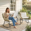 3 Piece Rocking Bistro Set Outdoor Patio Furniture Set with Cushions, Glass Coffee Table for Balcony, Cream White