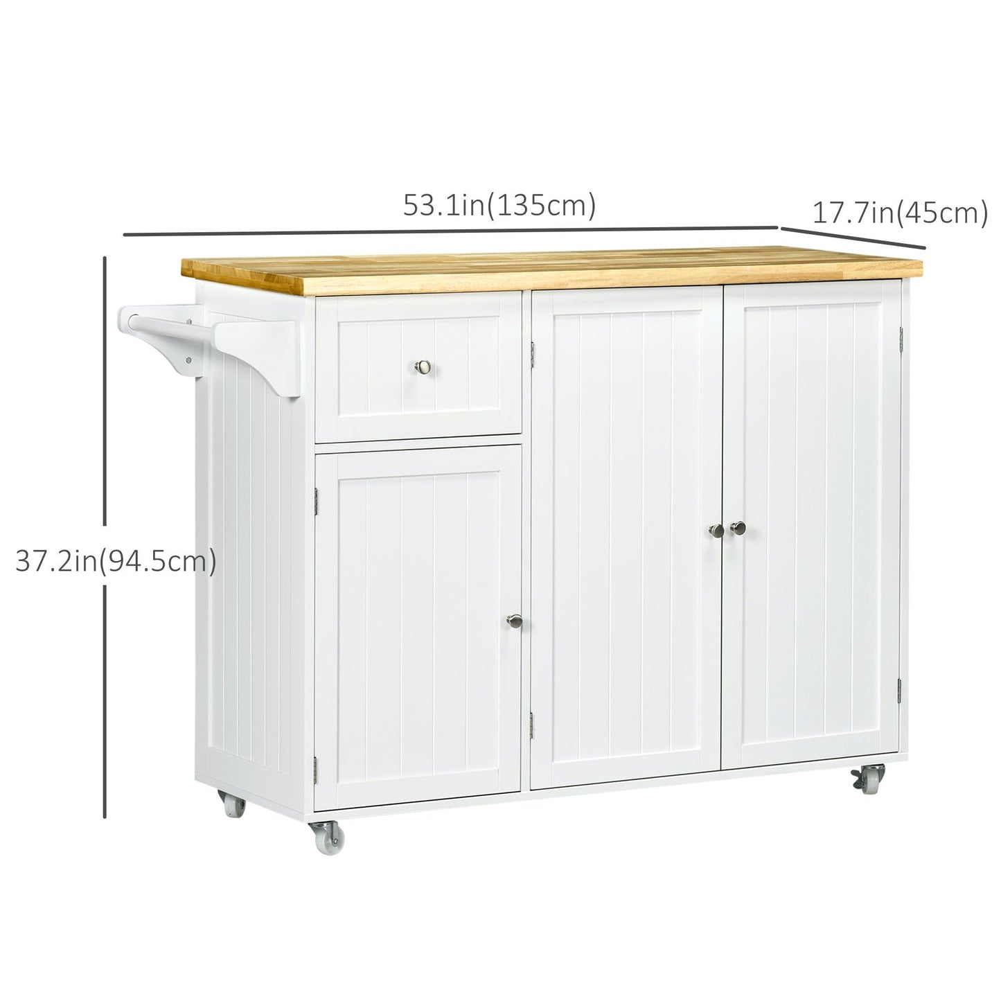 Rolling Kitchen Island with Drawer and Cabinets - White
