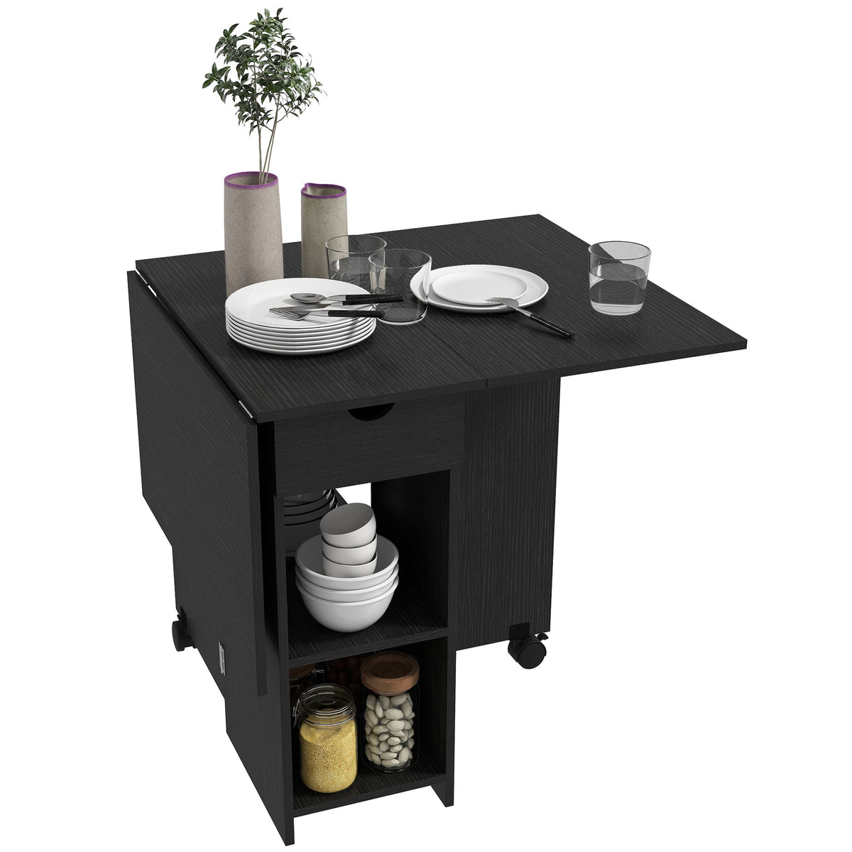 Folding Dining Table with Storage, Drop Leaf Kitchen Table with Drawer and Shelves for Small Spaces, Black