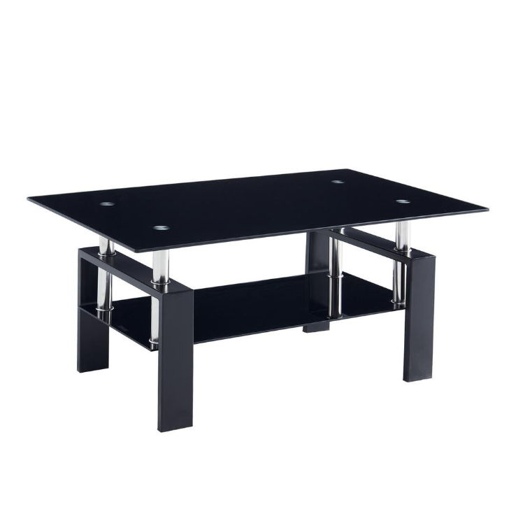 Tempered Glass Coffee Table with Geometric Design, Metal Tubular Legs, Durable Centre Desk for Living Room, 35" L x 19" W x 16.5" H, Black