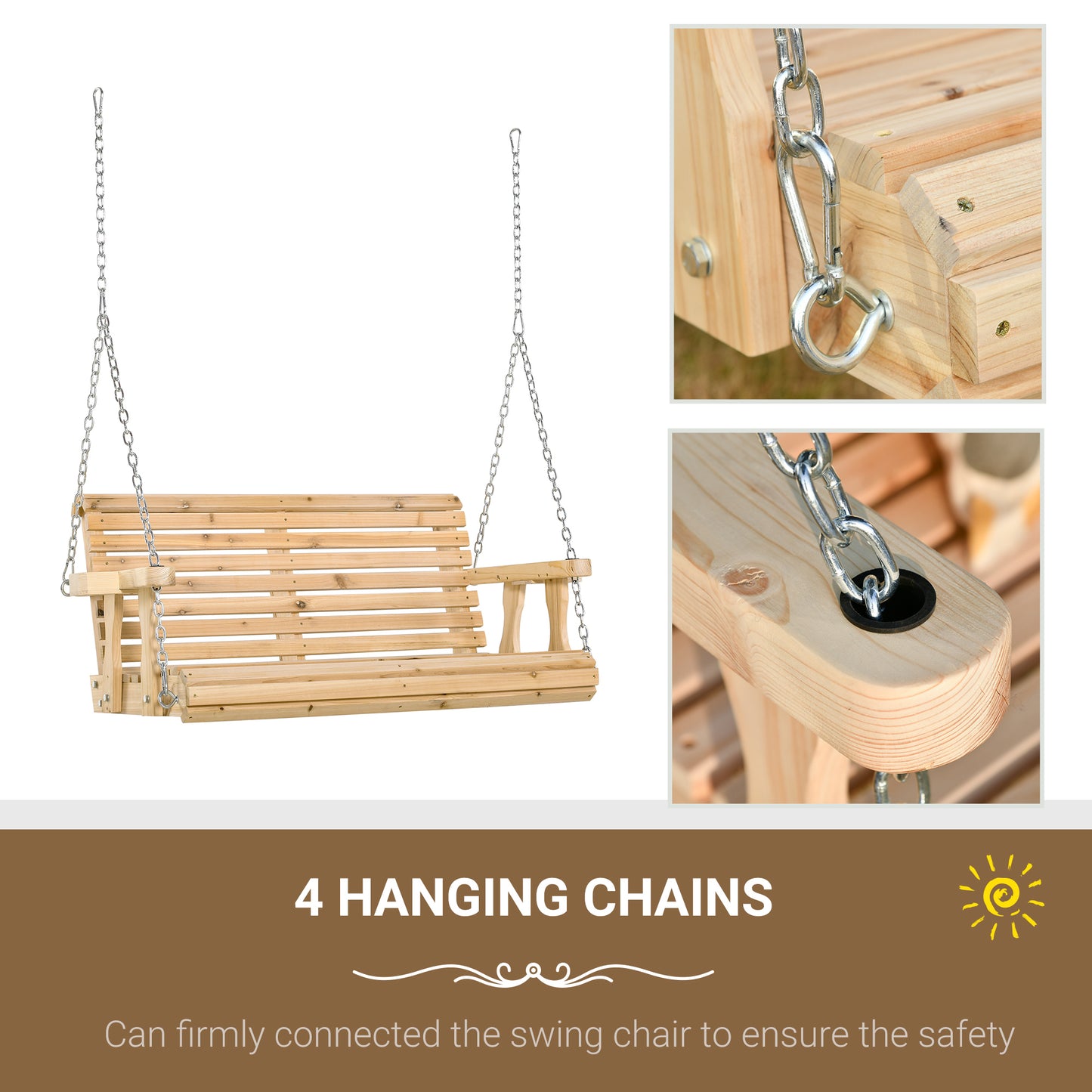 2 Seater Porch Swing Wooden Patio Swing Chair Seat with Cup Holder and Chains Outdoor Swing Bench for Garden Yard, White